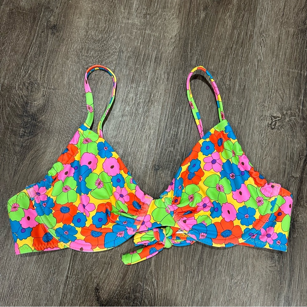 Floral Neon Underwire Bikini Swim Top Size Medium Spring Summer Beach Tie Back